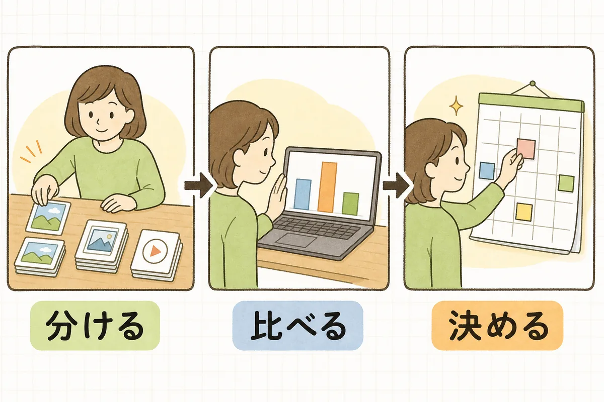 投稿タイプ別の成果比較を3つの場面で示した図。左は担当者が投稿カードを種類ごとの3つの山に分けている様子、中央は3本の棒グラフを見比べている様子、右はカレンダーに色の違う付箋を貼って来月の投稿の割り振りを決めている様子