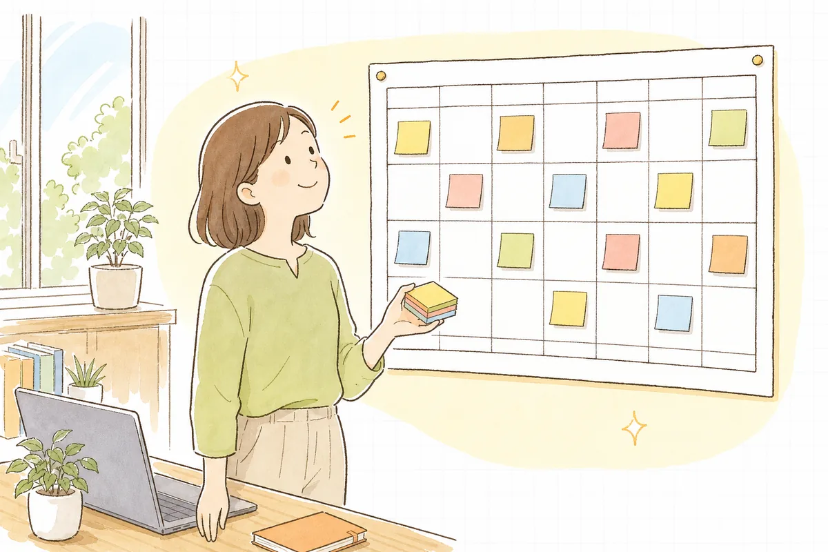 明るい午後のオフィスで、企業SNS担当者が壁のカレンダーに色の違う付箋を貼り終え、来月の投稿計画が整ったことに満足して穏やかに微笑んでいる情景