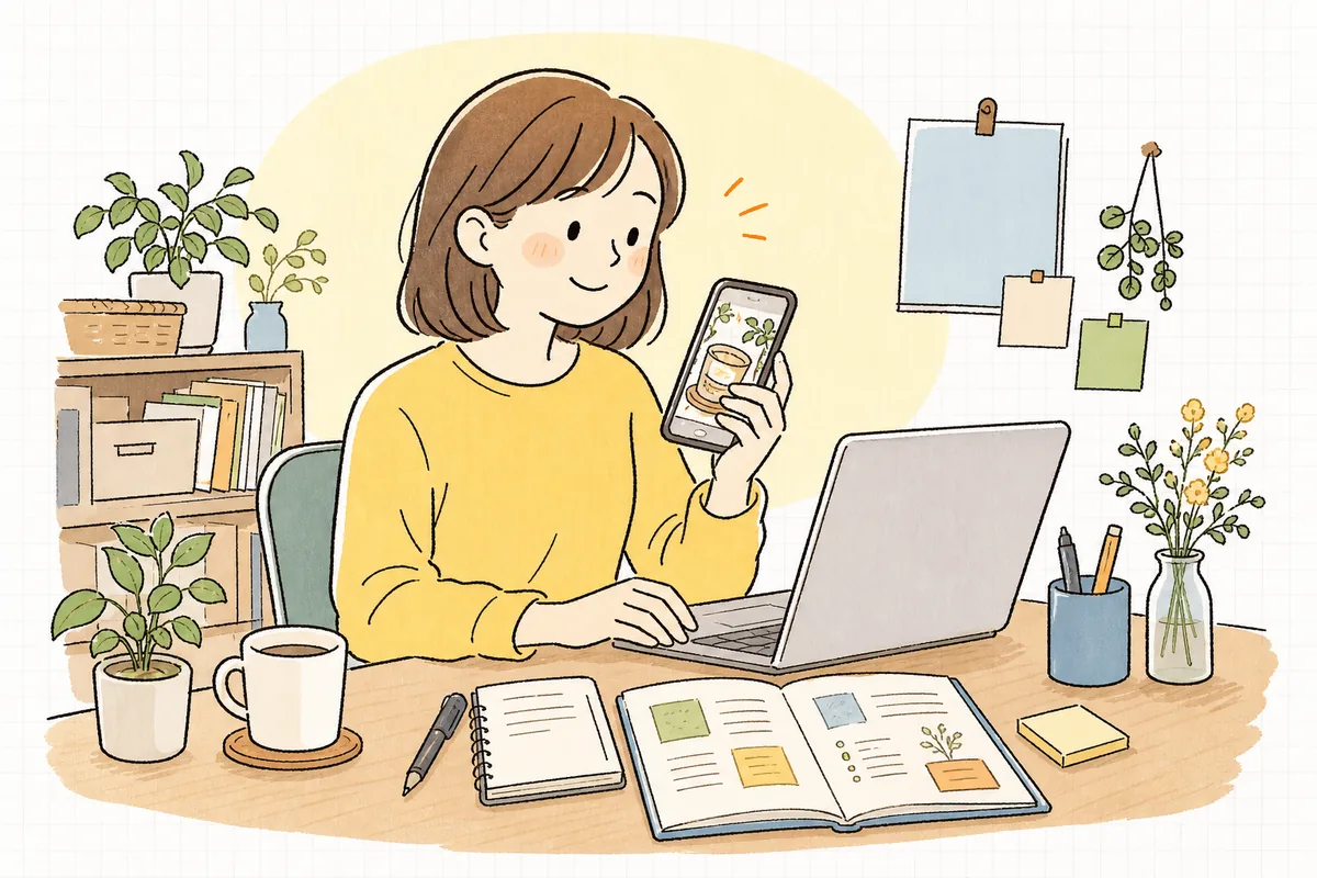 お客さまが投稿してくれた写真を見つけ、うれしそうに、でも丁寧に紹介の準備を進める企業SNS担当者の情景