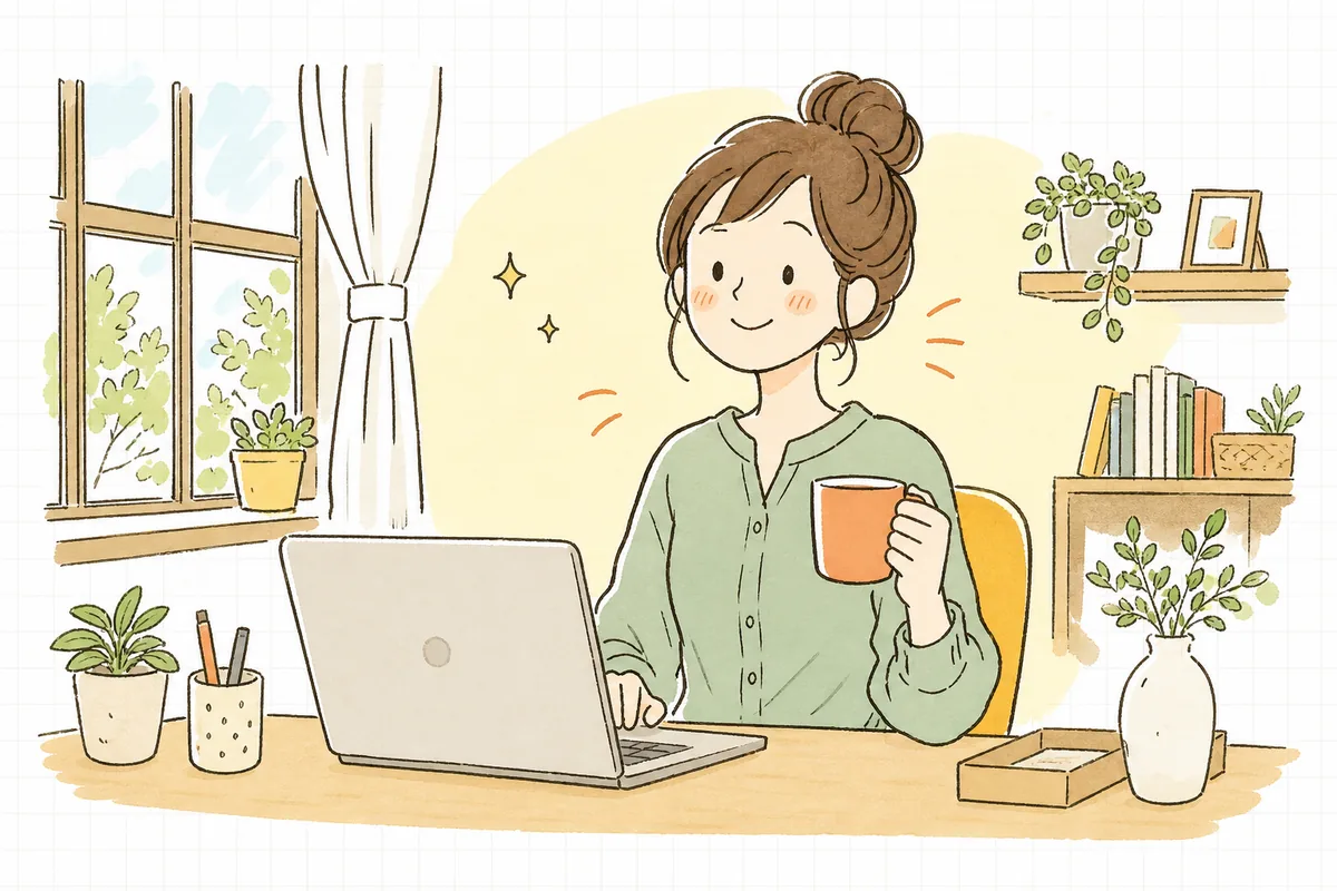 お客さまの投稿を無事に紹介し終え、あたたかい気持ちで一息つく企業SNS担当者の情景