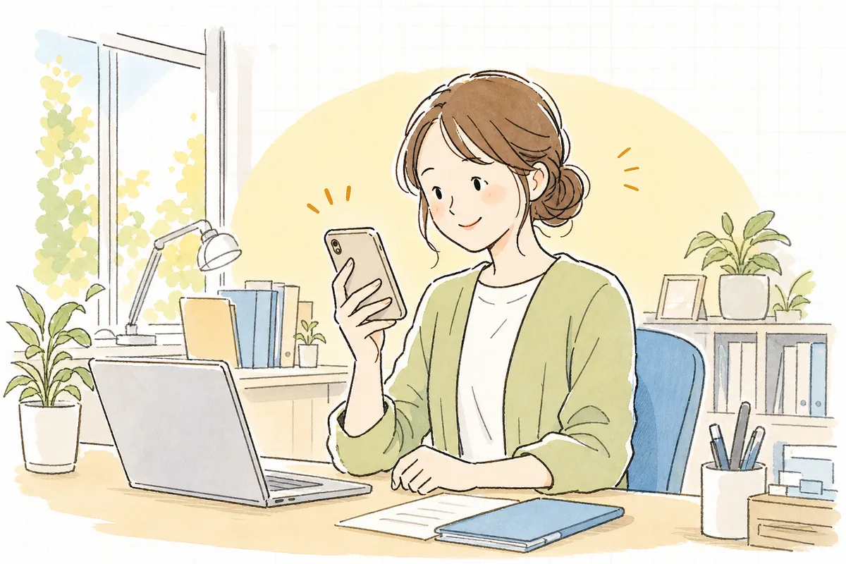 投稿への反応が少しずつ返ってきて、スマホを見ながらやわらかく微笑む企業SNS担当者の情景