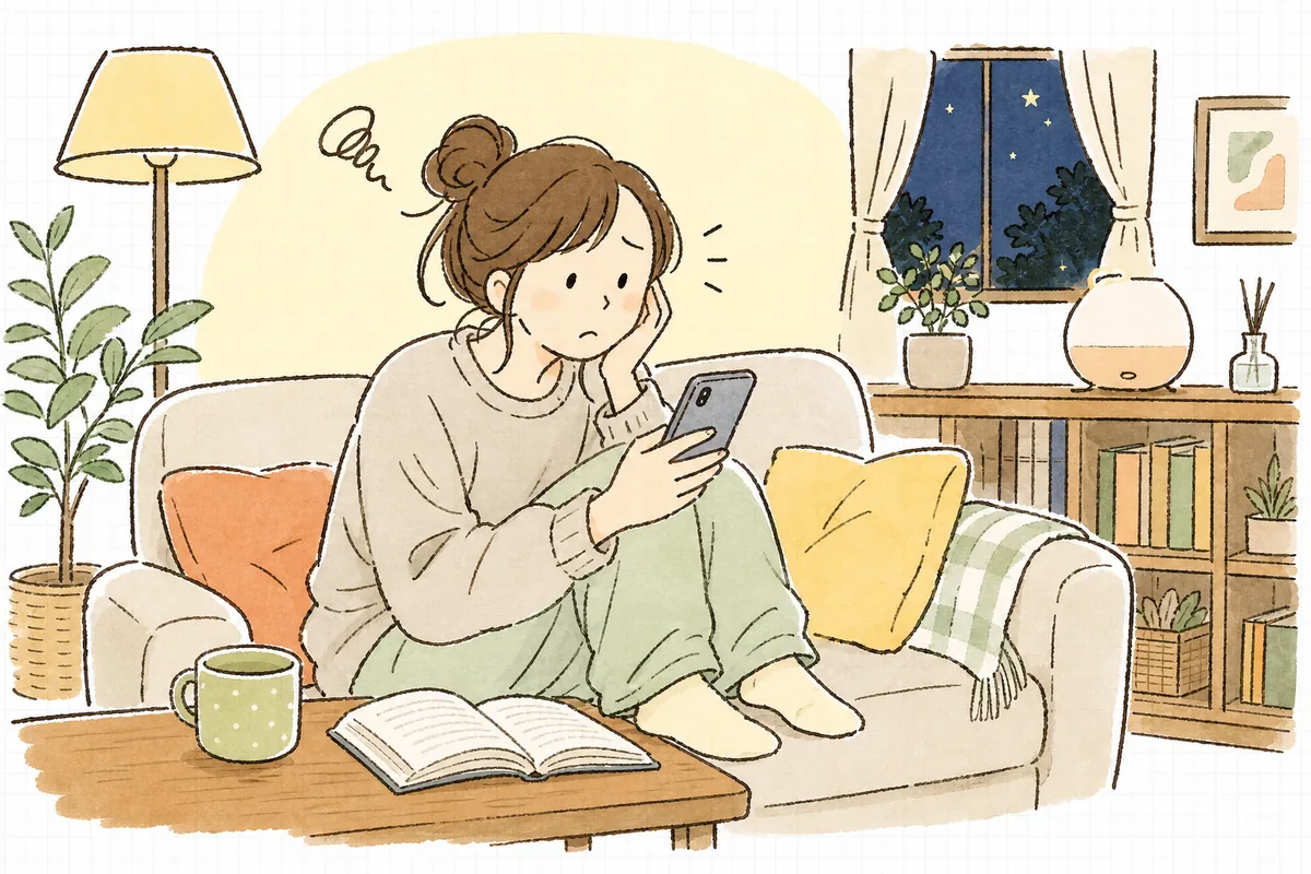 休日の夜、自宅のソファでスマートフォンの通知を確かめてしまう企業SNS担当者の情景