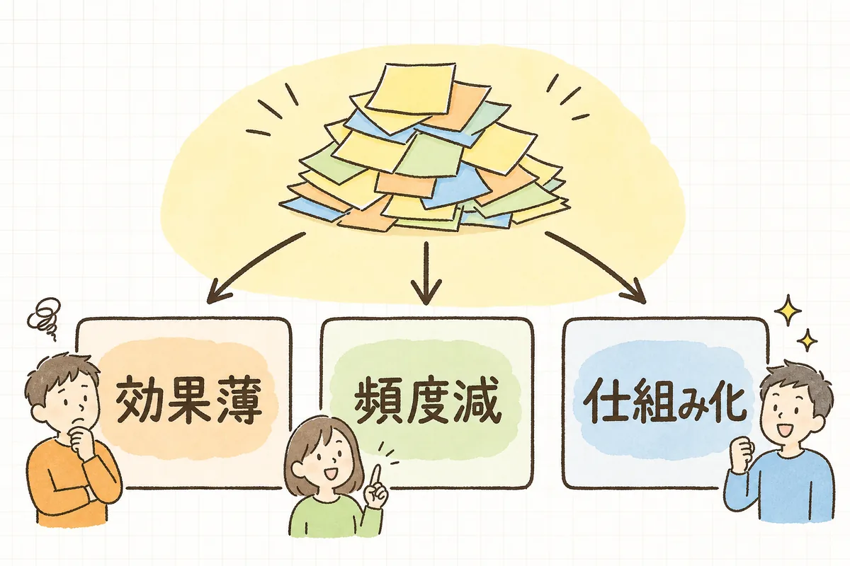 作業を「効果が薄い・頻度を落とせる・仕組みで肩代わりできる」の3つに仕分ける図