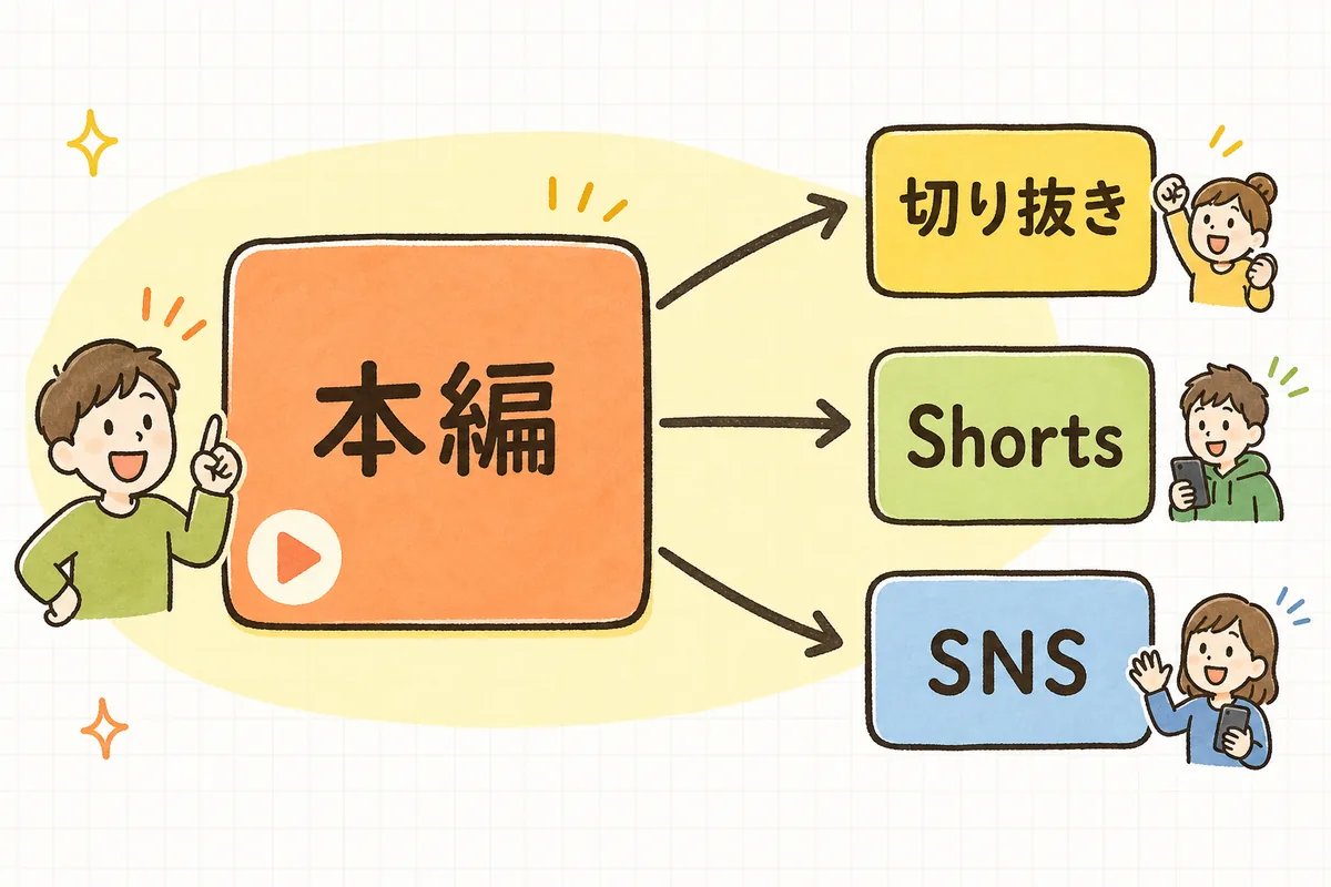 1本の長い動画を、Shorts・切り抜き・SNS投稿へ横展開する流れを示す概念図