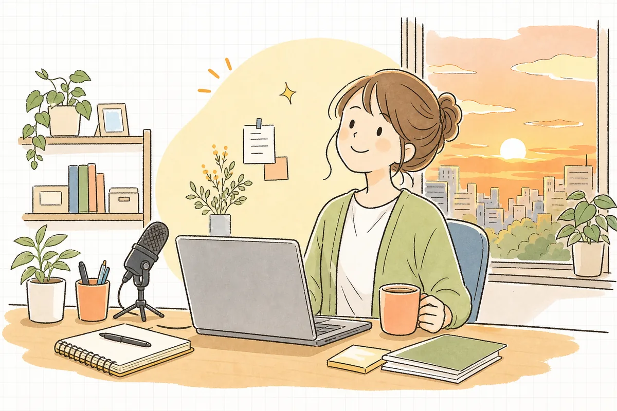 ひとりでも無理なく動画を続けられそうだと、前向きな気持ちでパソコンに向かう企業SNS担当者の情景