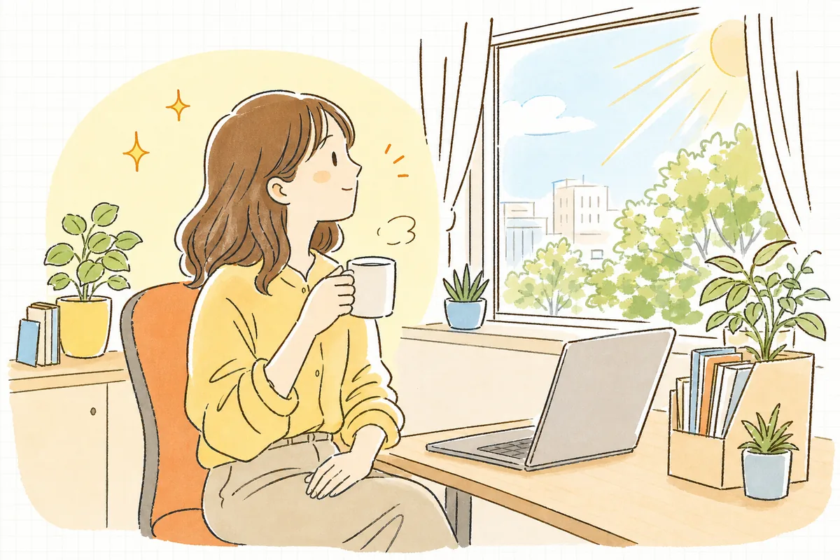 朝の確認を終えて予約投稿に問題がないことを確かめ、安心してコーヒーを飲みながら一日を始める企業SNS担当者の情景